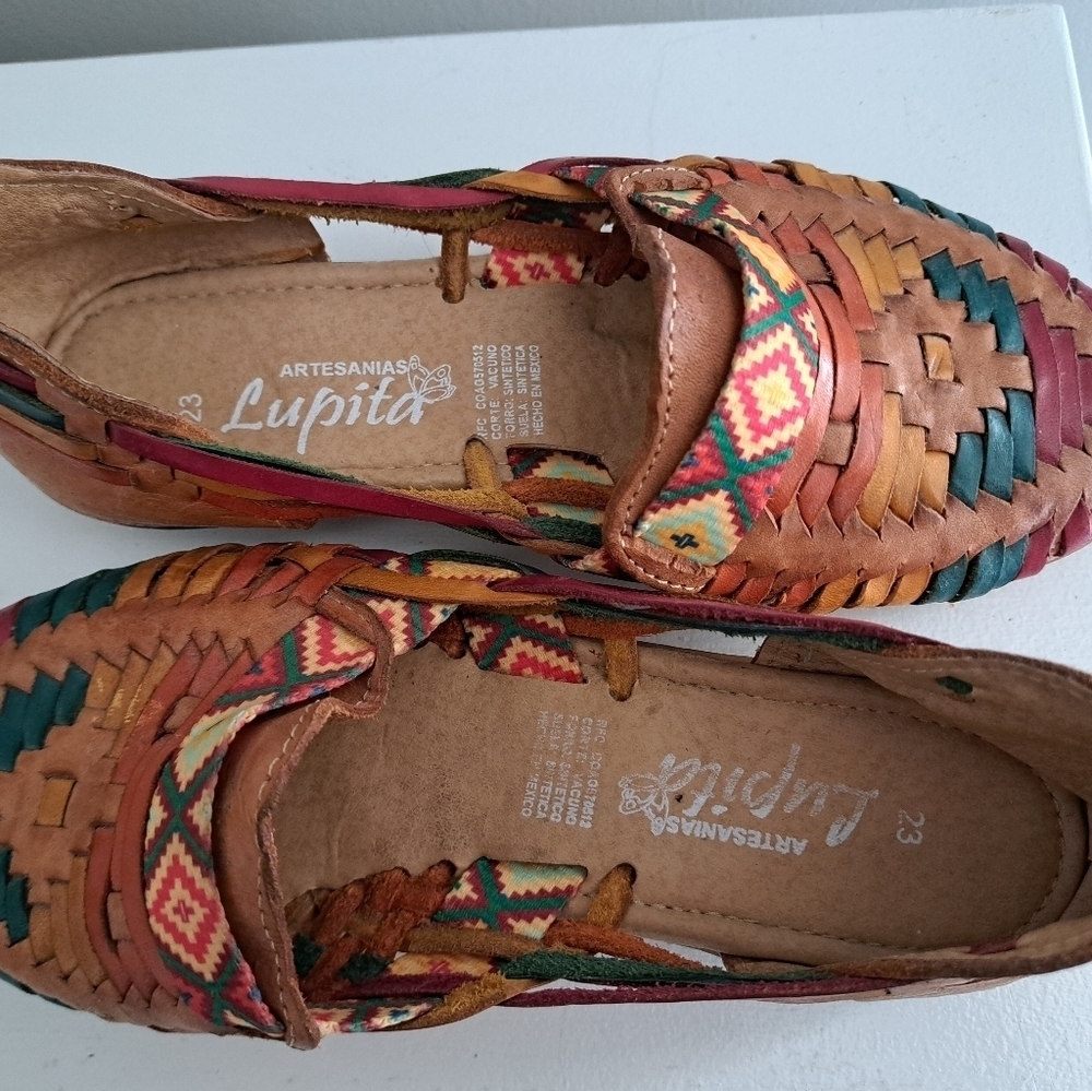 Artesanias Lupita Leather Wedge slip on Shoes sandals AZTEC Southwestern Artsy 6 - Picture 10 of 11
